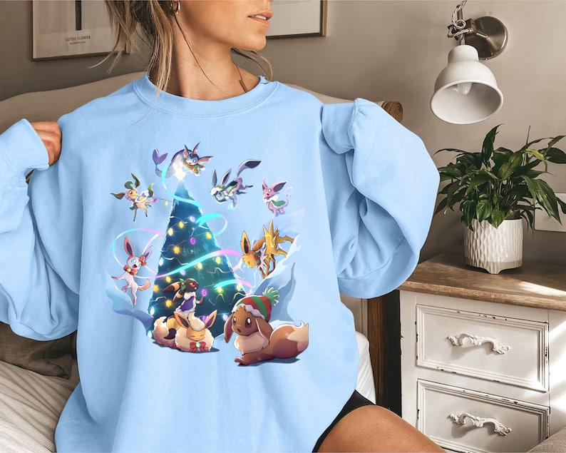 Eevee Evolutions Christmas Sweatshirt, Eevee Xmas Sweater, Sylveon, umbreon, Espeon, Flareon Anime, Anime Sweatshirt, Christmas Eevee Shirt