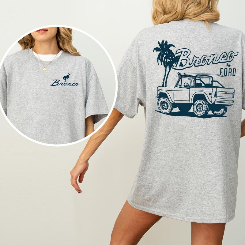 Vintage NDC Ford Bronco Graphic 2-Sided Shirt, Unisex Summer Beach Scene T-Shirt, Driving Tshirt for Men, Soft Cotton Fabric Top, Casual Womenswear