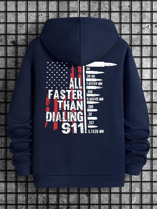 Men's Letter & Flag Print Drop Shoulder Graphic Hoodie, Casual Regular Fit Drawstring Sweatshirt for Holiday Wear, Spring & Fall Fashion