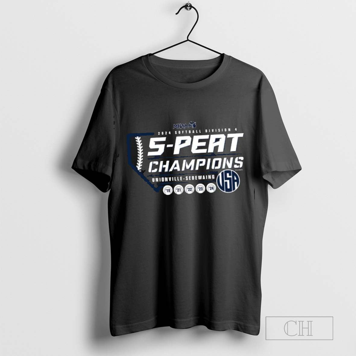 Unionville-Sebewaing 2024 MHSAA Softball D4 5-Peat Champions T-shirt