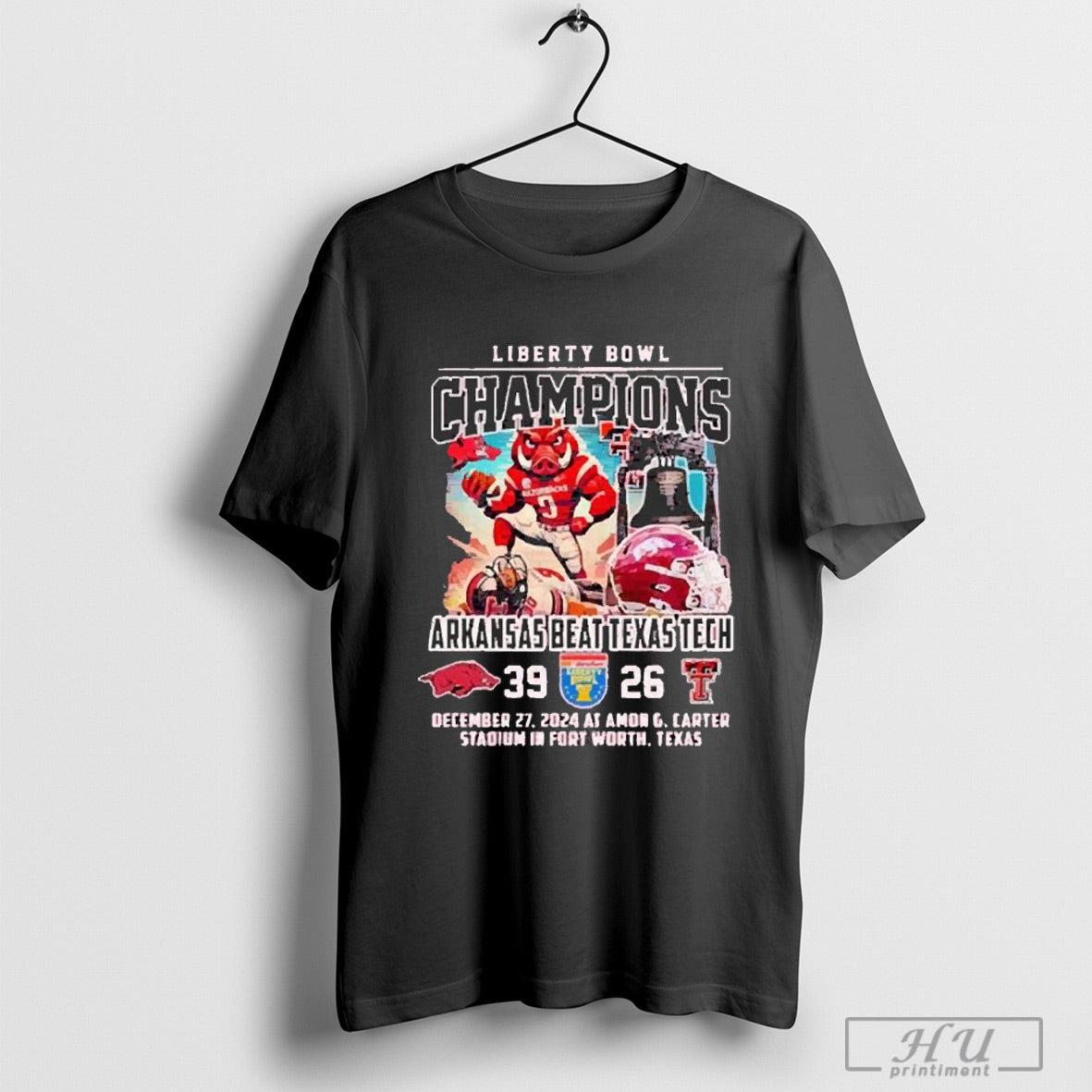 Trendy Arkansas Razorbacks Vs Texas Tech Red Raiders Liberty Bowl Champions 2024 Mascot T Shirt