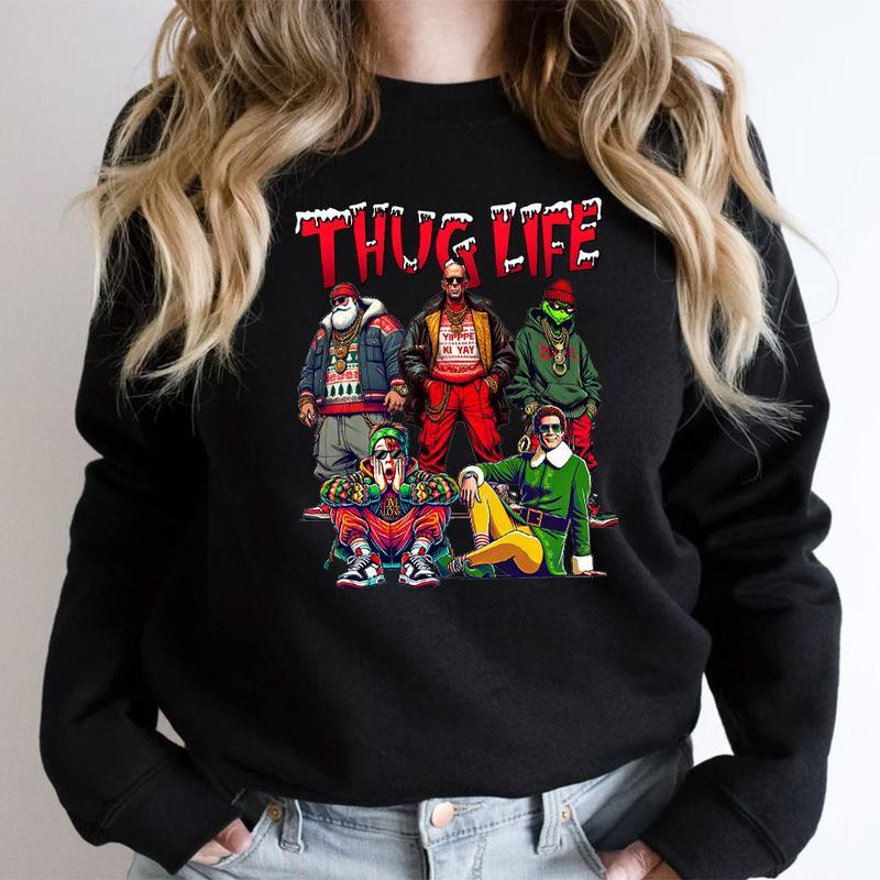 TC01 THUGLIFE Christmas Shirt, Christmas Movies Sweatshirt, Xmas Graphic Tee Casual Collar