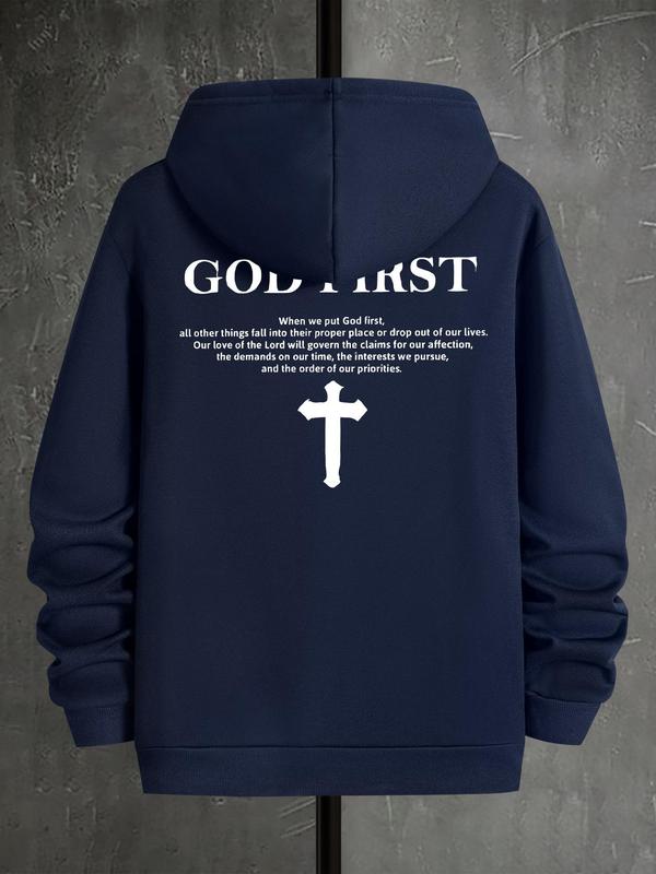 Men's Letter & Cross Print Drop Shoulder Hoodie, Casual Graphic Sweatshirt, Daily Holiday Wear for Men's Spring & Fall Fashion