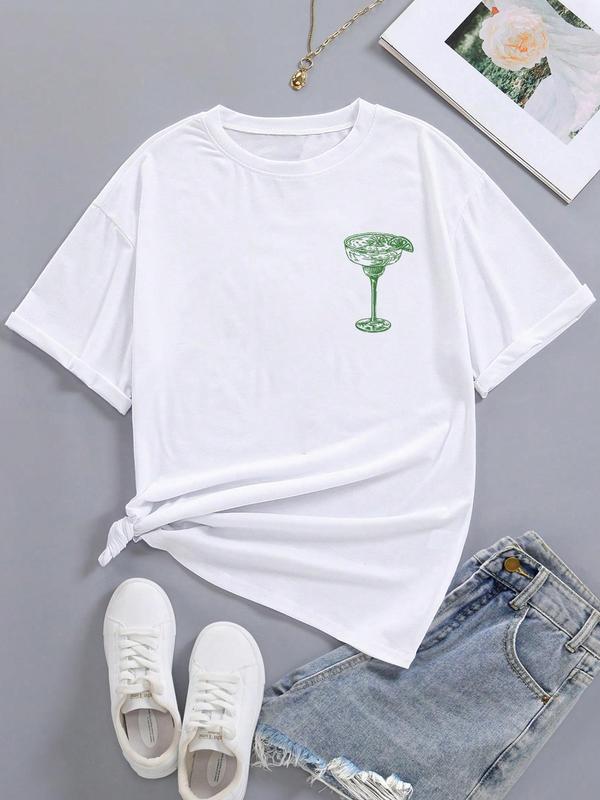 Women's Cartoon Graphic Print Round Neck Tee, Fashion Casual Drop Shoulder Short Sleeve T-shirt, Ladies Summer Clothes for Daily Wear