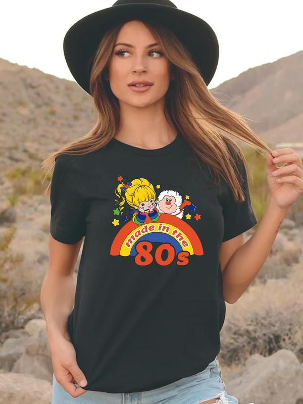 Women's Cartoon Girl & Letter Print Round Neck Short Sleeve Tee, T Shirts for Women, Casual Crew Neck T-shirt for Daily Wear, Graphic Tees, Ladies Clo