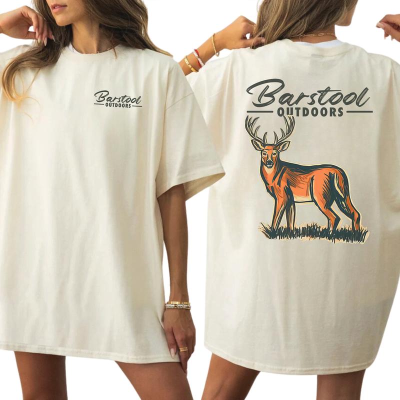 Vintage Busch Light Outdoors Deer Hunting Graphic 2 Sided Shirt, Comfort Clothing, Cotton Fabric Tshirt, Printed Women's Top, Casual Womenswear Collar