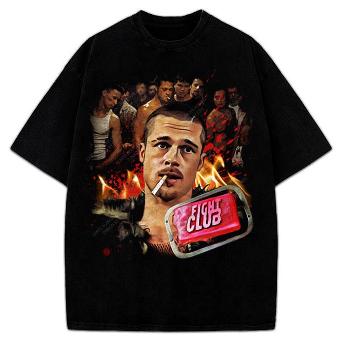Fight Club Brad Pitt Tyler Durden 1999 Vintage Style Graphic Design T-Shirt Movies Cotton Menswear