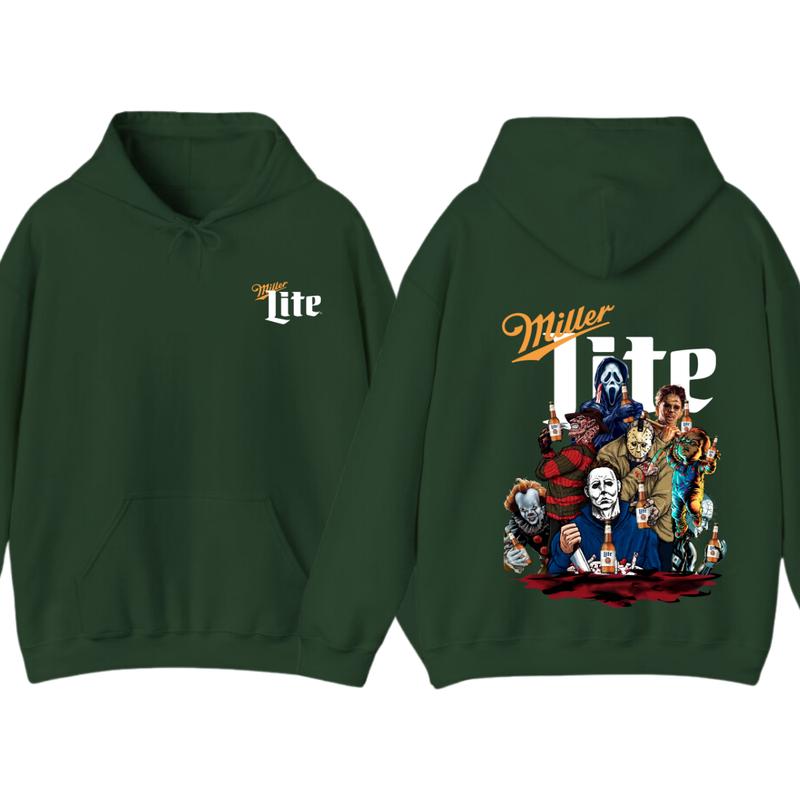 Miller Lite Halloween T-shirt - Iconic Villains Drinking Together Back Print , Perfect for Halloween and Horror Fans , Comfortable Unisex Tee