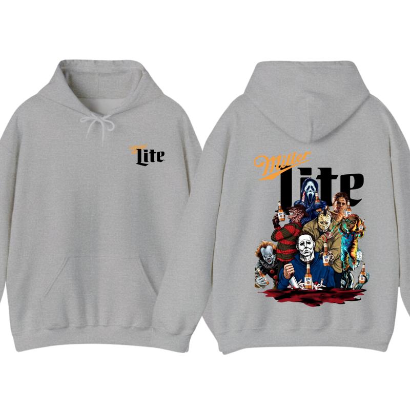 Miller Lite Halloween T-shirt - Iconic Villains Drinking Together Back Print , Perfect for Halloween and Horror Fans , Comfortable Unisex Tee