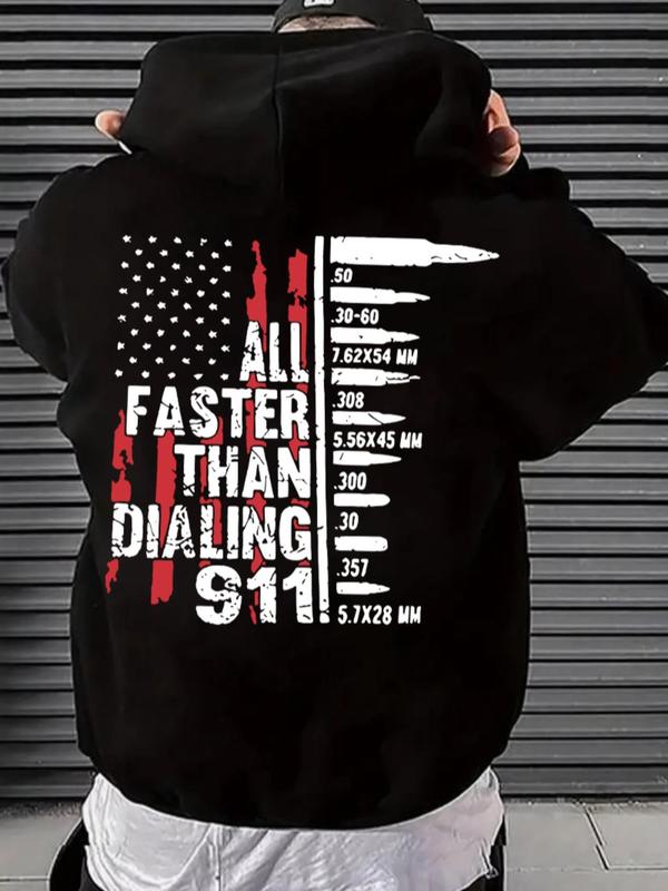 Men's Letter & Flag Print Drop Shoulder Graphic Hoodie, Casual Regular Fit Drawstring Sweatshirt for Holiday Wear, Spring & Fall Fashion