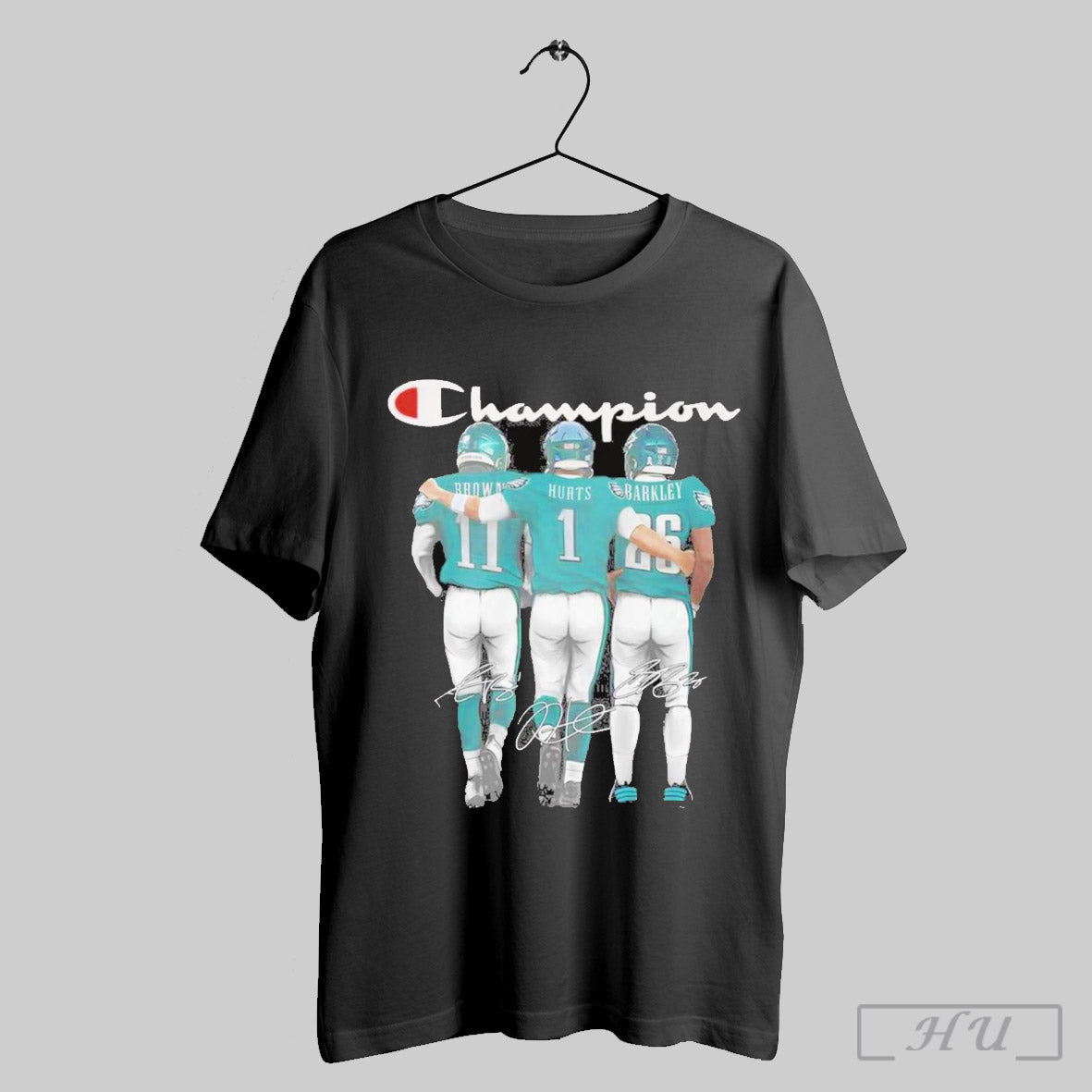 Trendy Champion Jalen Hurts A J Brown And Saquon Barkley Philadelphia Eagles Super Bowl Lix Signatures Shirt