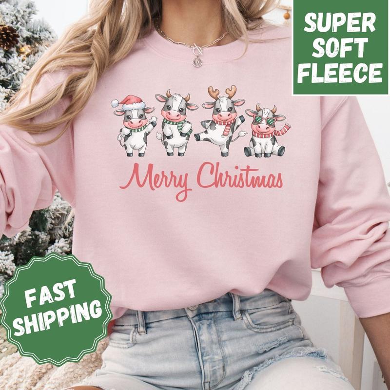 Merry Christmas Cows Crewneck Sweatshirt, Womenswear Christmas Soft Printed Sweatshirt, Cozy Holiday Oversized Top