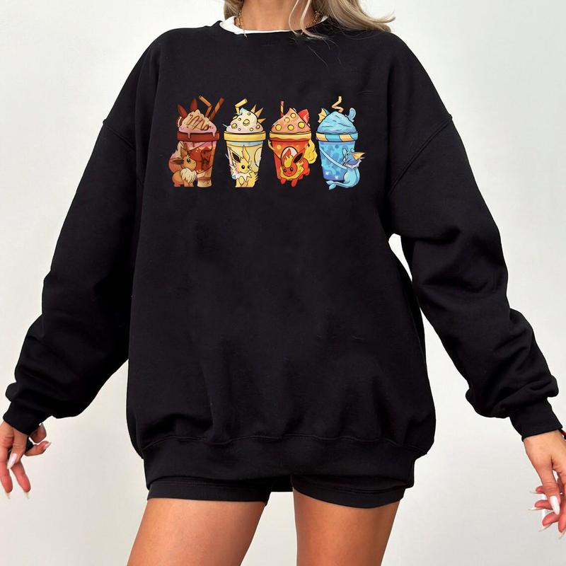 Eevee Eeveelution Tee, Coffee Sweatshirt Hoodie Graphic T-shirt, Slyveon, umbreon, Espeon, Flareon Anime, Anime Sweatshirt, Pokemon Silhouette Sweatsh