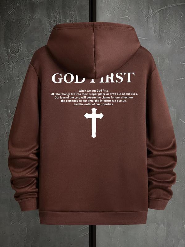 Men's Letter & Cross Print Drop Shoulder Hoodie, Casual Graphic Sweatshirt, Daily Holiday Wear for Men's Spring & Fall Fashion