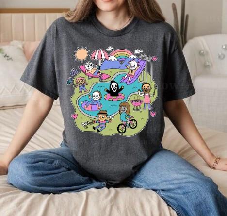 The Kids Horror Pool Party Halloween Characters T-Shirt Horror Movie Funny Times Shirt