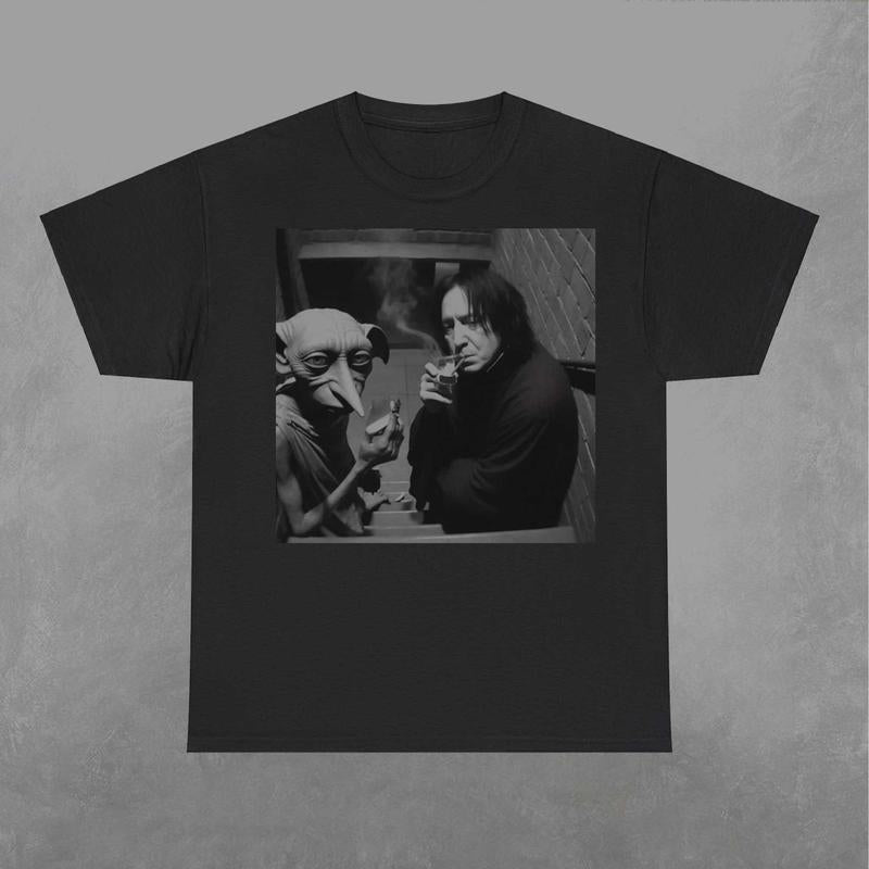 Snape and Dobby Smoking on Stairs Shirt, Dobby Sweatshirt, Wizard House Shirt, Wizarding Fan, Retro Funny Movie Graphic Shirt Classic Fabric