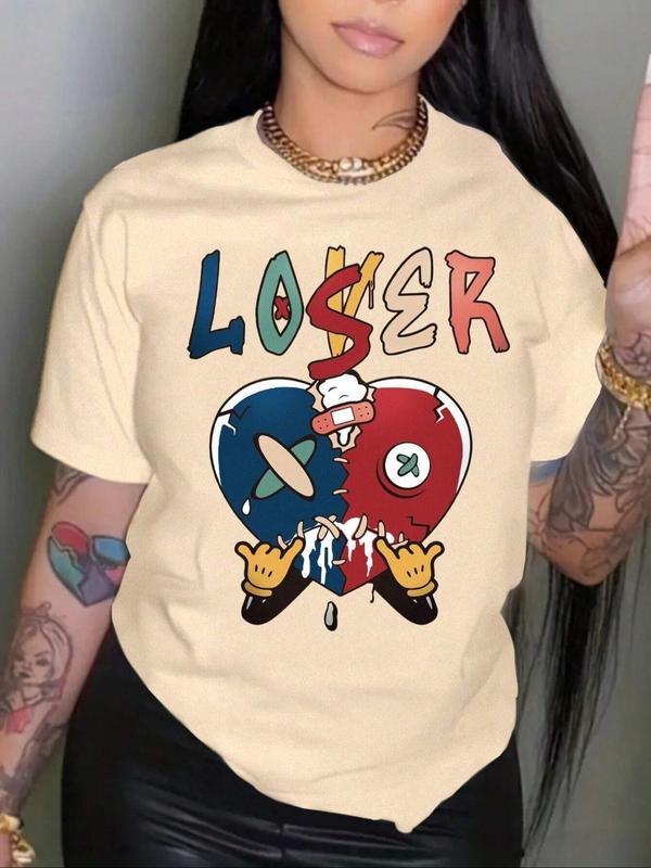 Women's Cartoon Heart Print Round Neck Short Sleeve Tee, Casual Letter Print Crew Neck T-shirt, Graphic Tees, Summer Outfits 2024, Summer Clothes, Sum