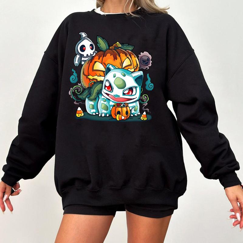 Bulbasaur Pumpkin Sweatshirt, Pokemon Pumpkin Sweatshirt, Halloween Sweatshirt, Spooky Pumpkin Monster Sweatshirt, Gengar Japan Anime Sweatshirt, Hand