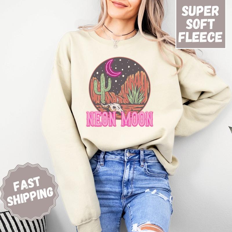 Neon Moon Crewneck Sweatshirt, Womenswear Soft Printed Sweatshirt, Country Music Cozy Oversized Fleece Long Sleeve