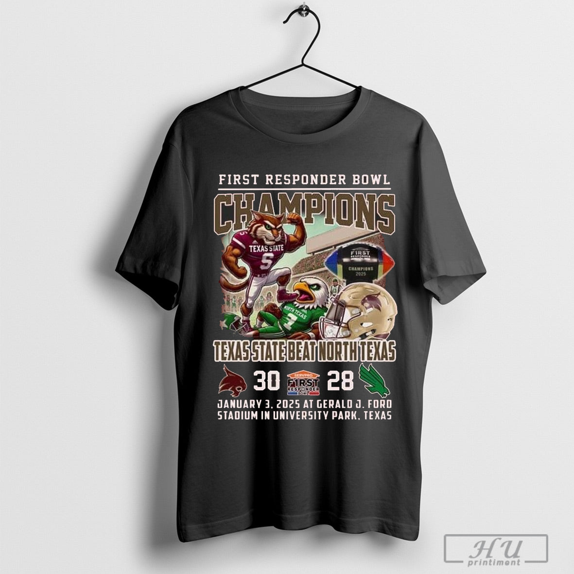 Texas State Bobcats Beat North Texas Mean Green 30 28 Score First Responder Bowl Football Champions Jan 3 At Gerald J Ford Stadium Mascot T Shirt