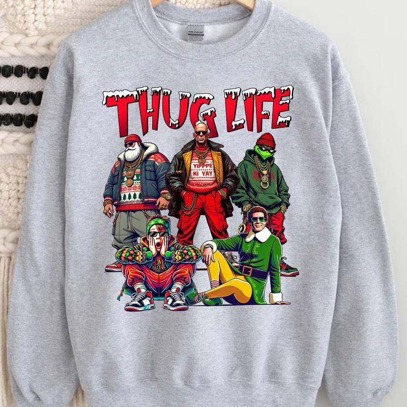 TC01 THUGLIFE Christmas Shirt, Christmas Movies Sweatshirt, Xmas Graphic Tee Casual Collar