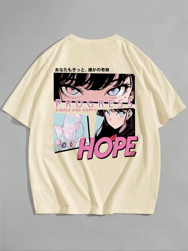 Men's Letter & Anime Cartoon Figure Print Drop Shoulder Tee, Regular FitÂ Casual Short Sleeve Round Neck T-Shirt for Summer, Men'sÂ Streetwear Top for D