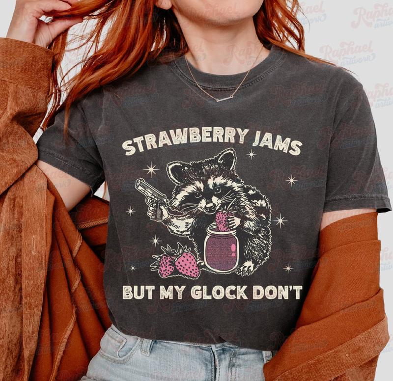 Vintage Strawberry Jams But My Glock Don't Shirt - Funny Racoon Western Trash Panda Retro 90s Graphic Tee with Unisex Appeal