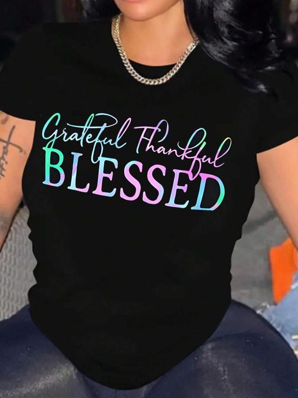 Women's Letter Print Round Neck Short Sleeve Tee, Fashion Casual Crew Neck T-Shirt for Daily Holiday Vacation Outdoor Wear, Ladies Clothes for All Sea