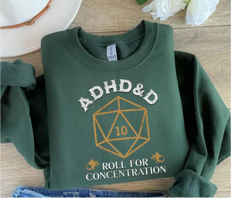ADHD&D Roll for Concentration Sweatshirt, Dungeons and Dragons T-shirt, DnD Vintage Tee, ADHD shirt, DnD Shirt, RPG Gift, Dungeons Master Sweatshirt