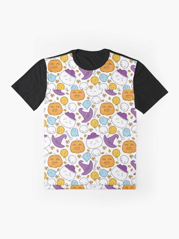 White, purple, blue, orange Halloween watercolor pattern, boo, trick or treat, pumpkin, black cat, skull, spider web, witch stick, bat, witch hat, latest Halloween bestselling, trending Graphic T-Shirt