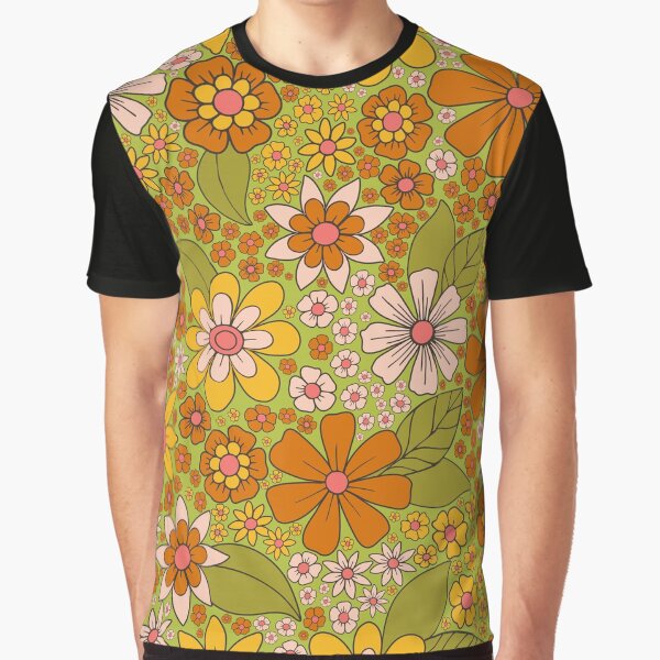 1960s, 1970s Retro Floral in Green, Pink & Orange - Flower Power Graphic T-Shirt