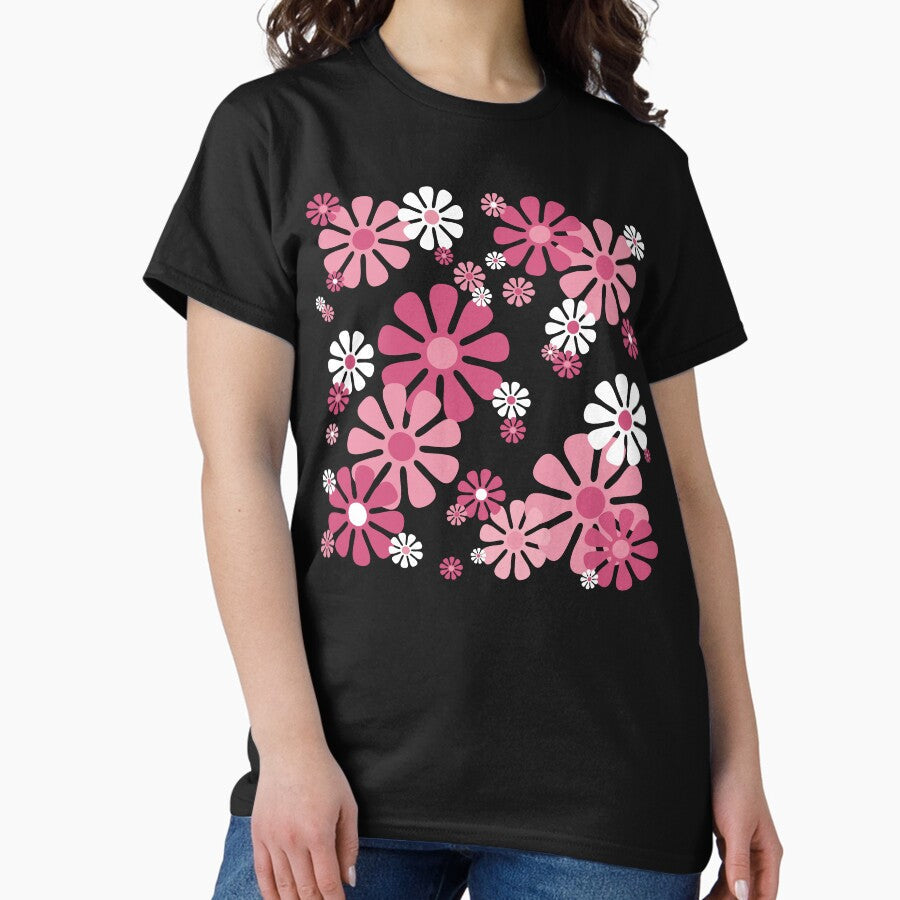 1960s Retro Flowers in Pink and White - Mod Abstract Classic T-Shirt