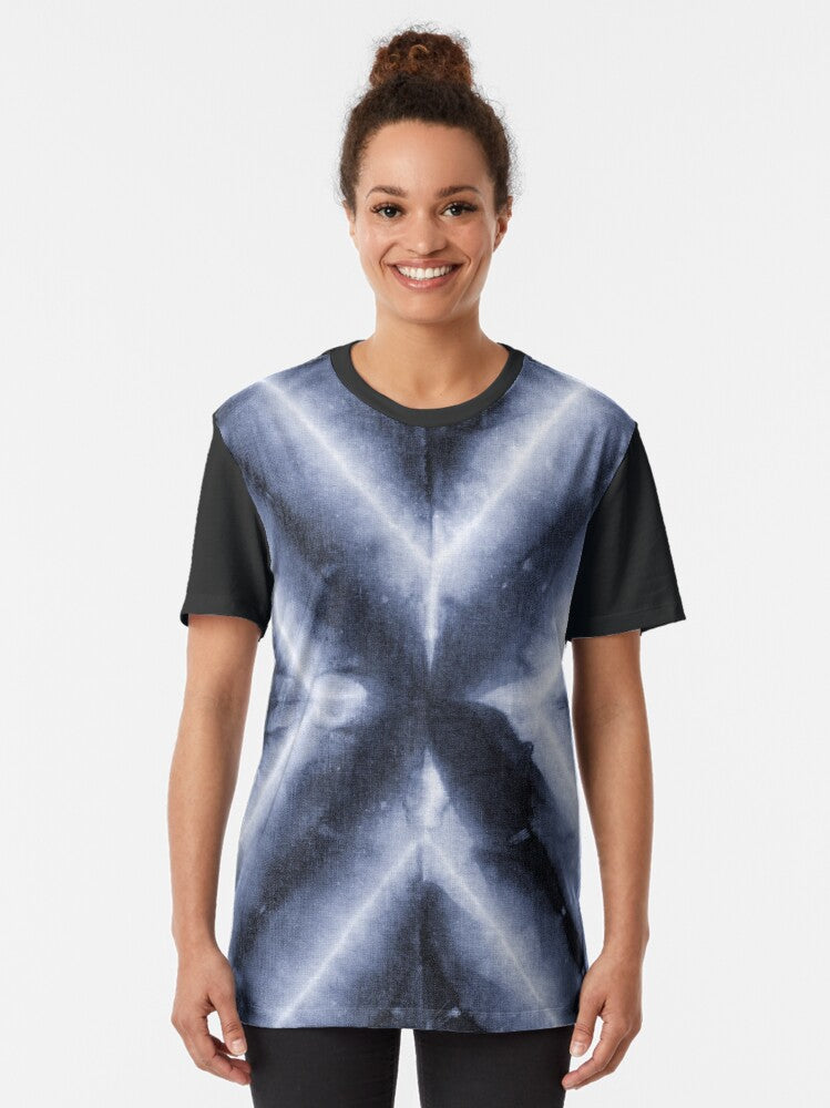 Dark Blue Tie Dye X Print Photo Graphic T-Shirt