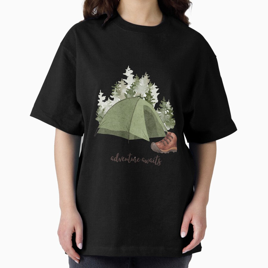 Adventure Awaits Watercolor Travelling Illustration Camping In The Mountains Oversized T Shirt